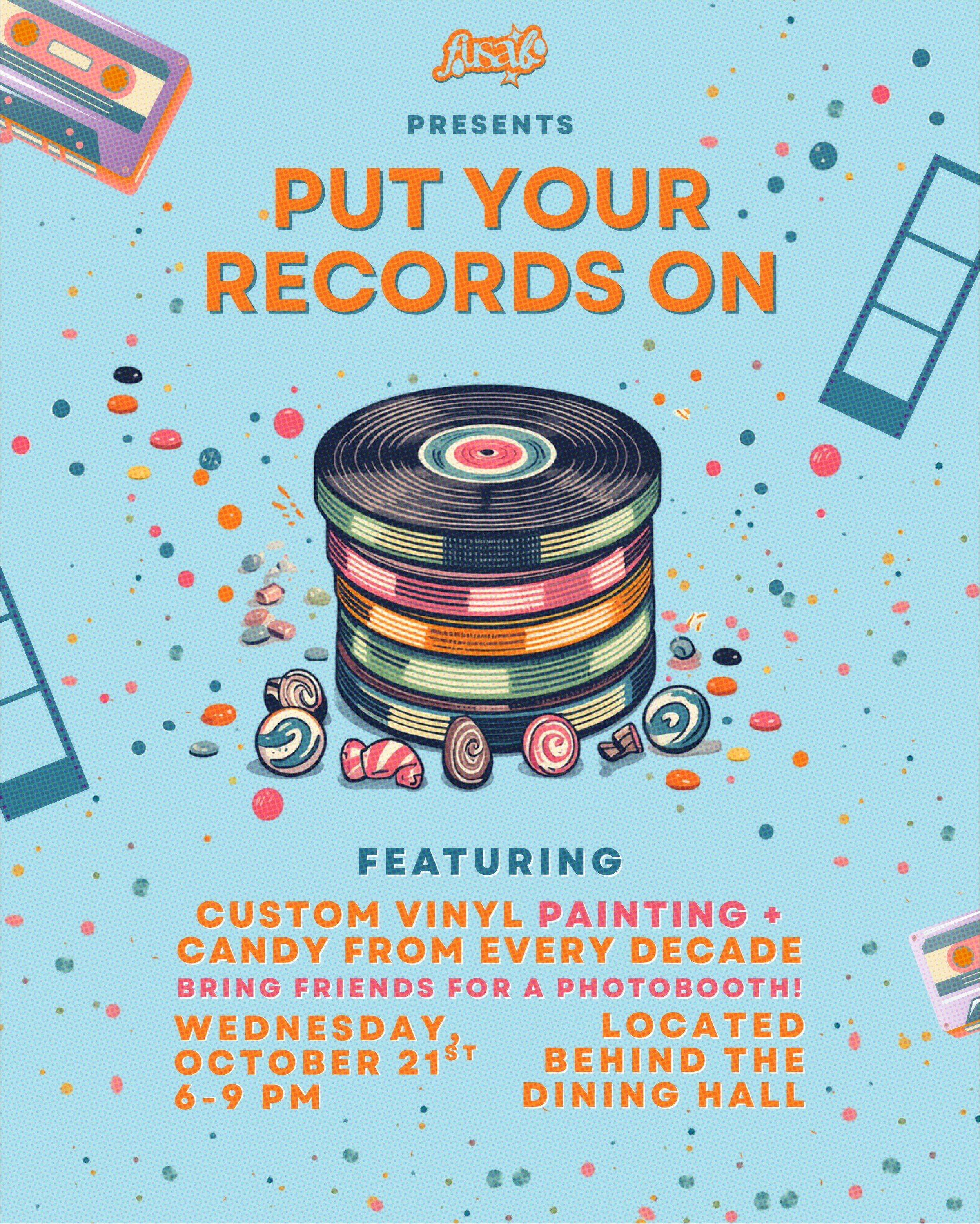 PUT YOUR RECORDS ON 🪩

Homecoming week continues with spin art on vinyl records, candy from every decade, and a photobooth with your friends! 🎨🍭📸

Wednesday, October 21
6&ndash;9 PM
Behind the DH

We&rsquo;ll see you there! 🎸