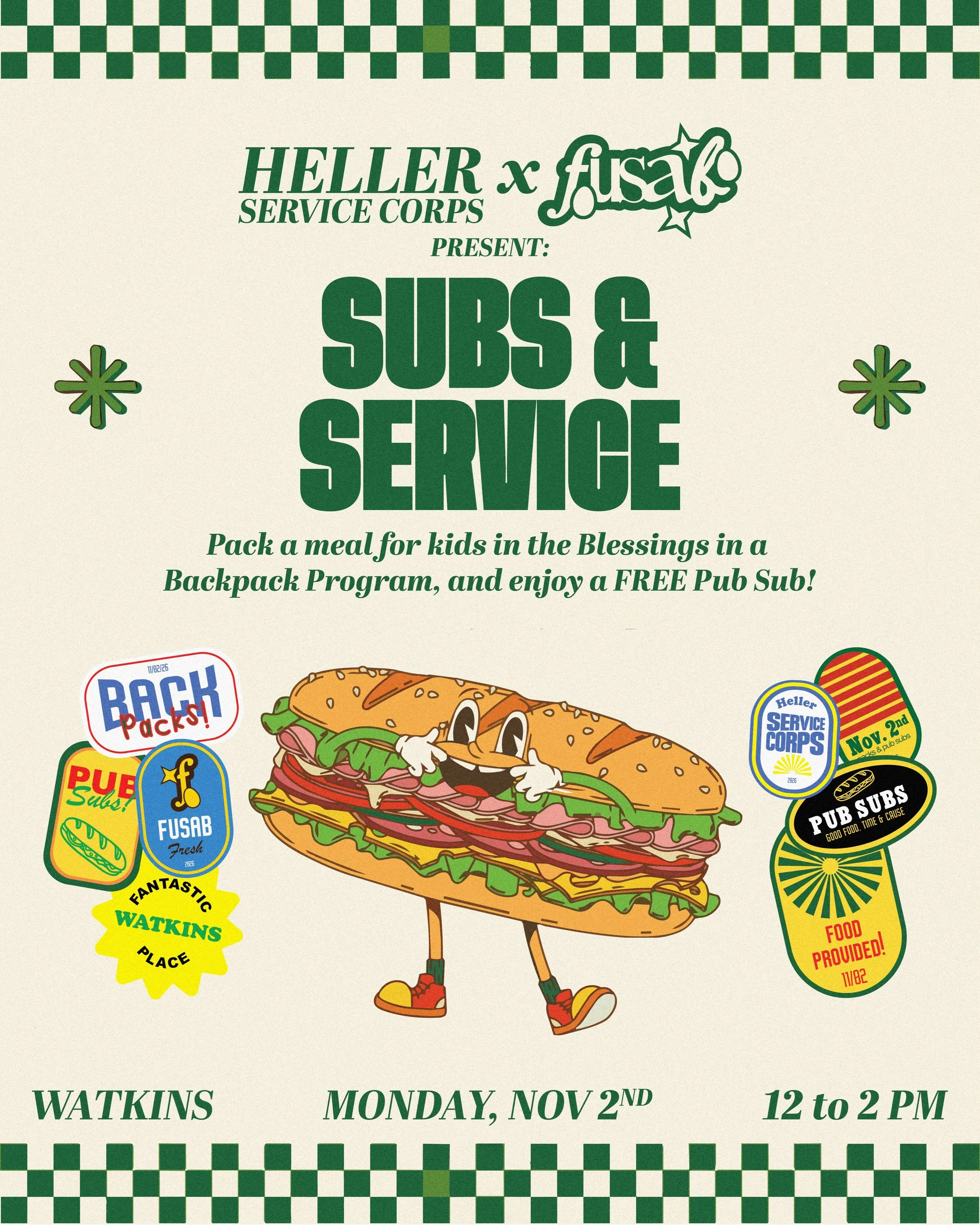 🥪 IT&rsquo;s COSPO SEASON&mdash; TIME TO ENJOY A GREAT CAUSE, FOOD, &amp; COMPANY! 

FUSAB x Heller Service Corps are teaming up to bring you SUBS &amp; SERVICE! Join us for an afternoon of giving back (and grabbing a FREE Publix Sub while you&rsquo