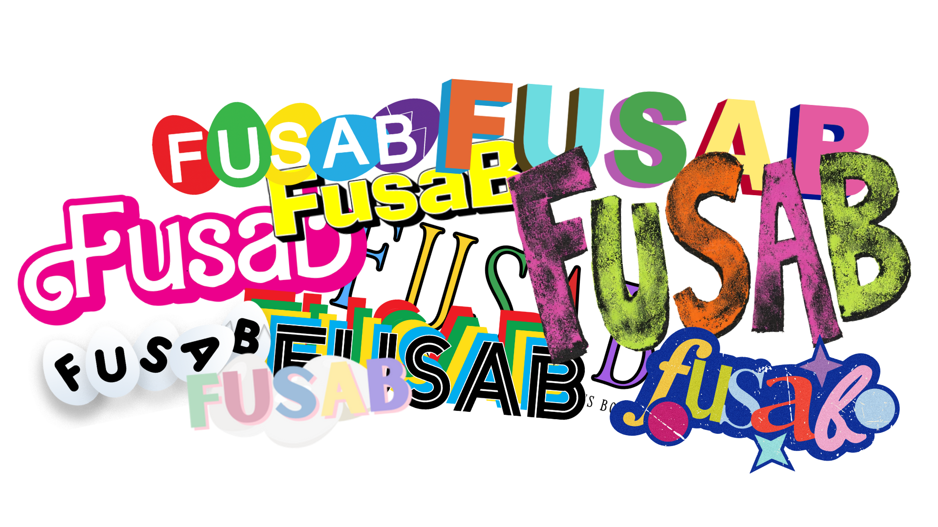 A colorful collage of various words and names such as 'FUSAB', 'FUSAK', and 'FUSABSK', in different fonts, sizes, and styles, including graffiti and playful text.