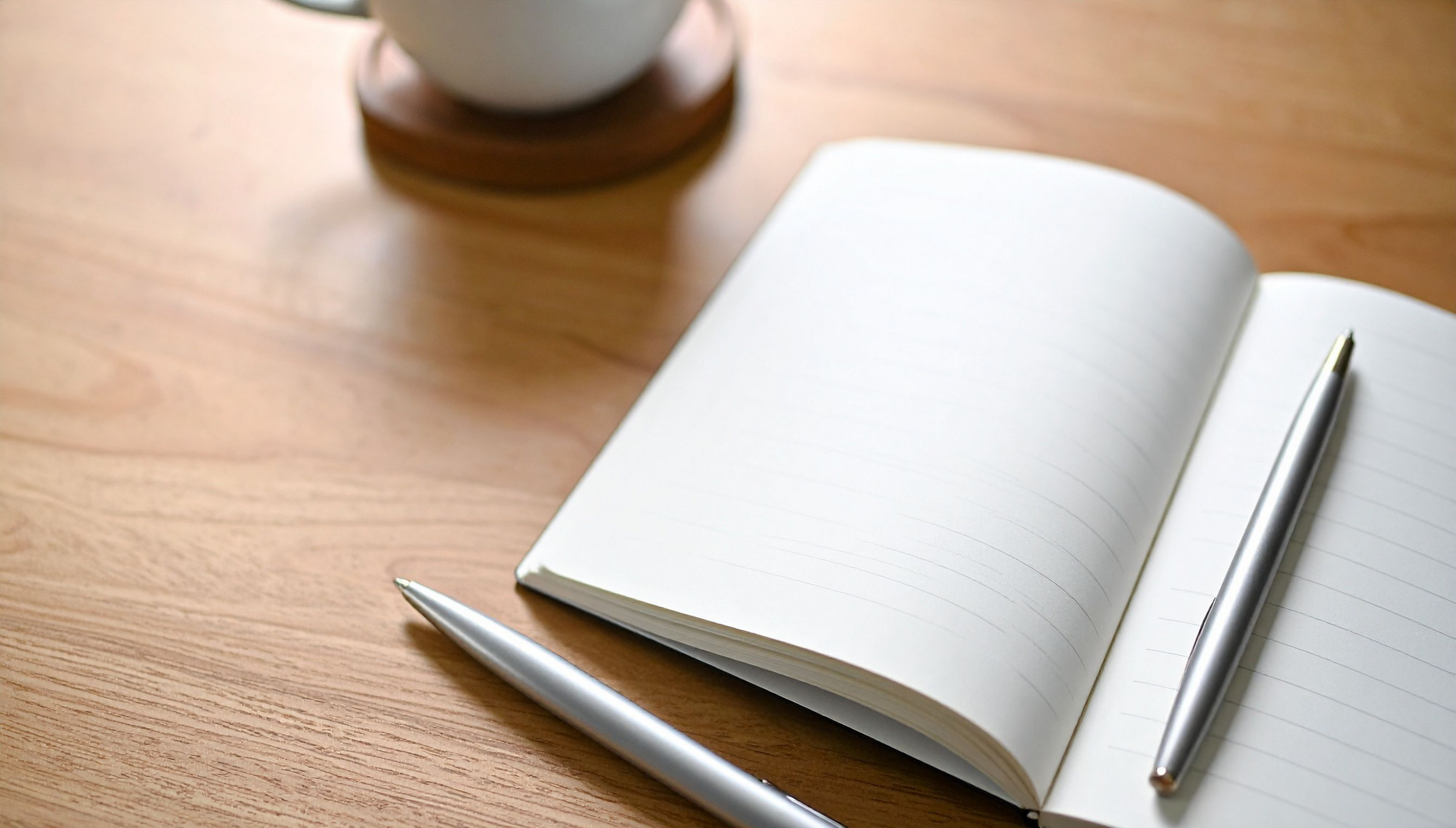 Open blank notebook with lined pages, a silver pen resting on it, and a white cup on a wooden surface.