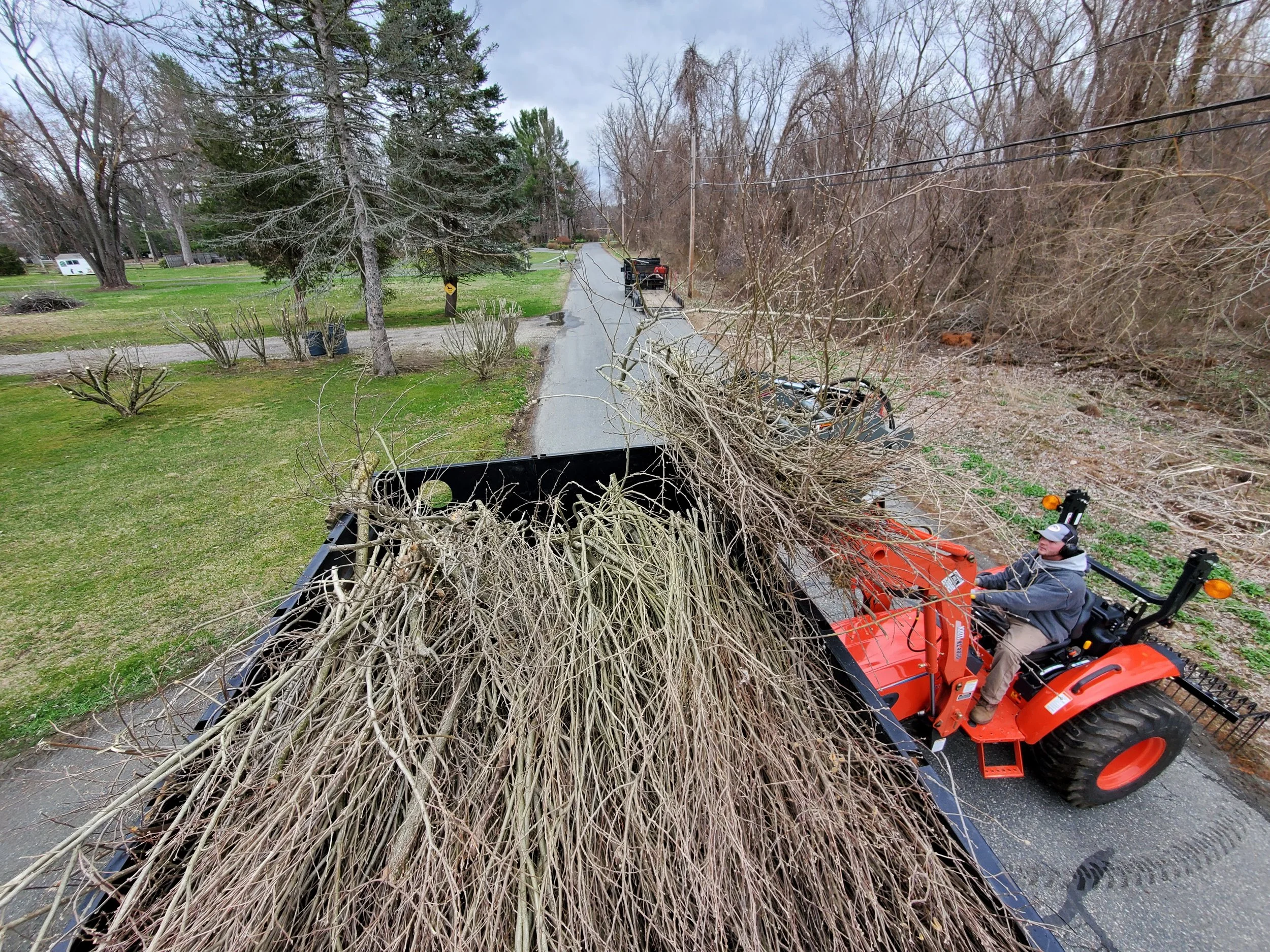 A person using an orange tractor loader to clear fallen tree branches from a residential street.