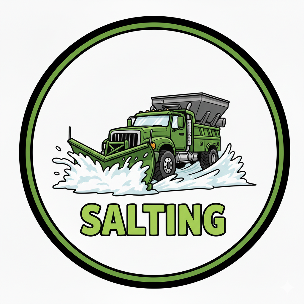 Logo featuring a green salting truck driving through water with the word "SALTING" below