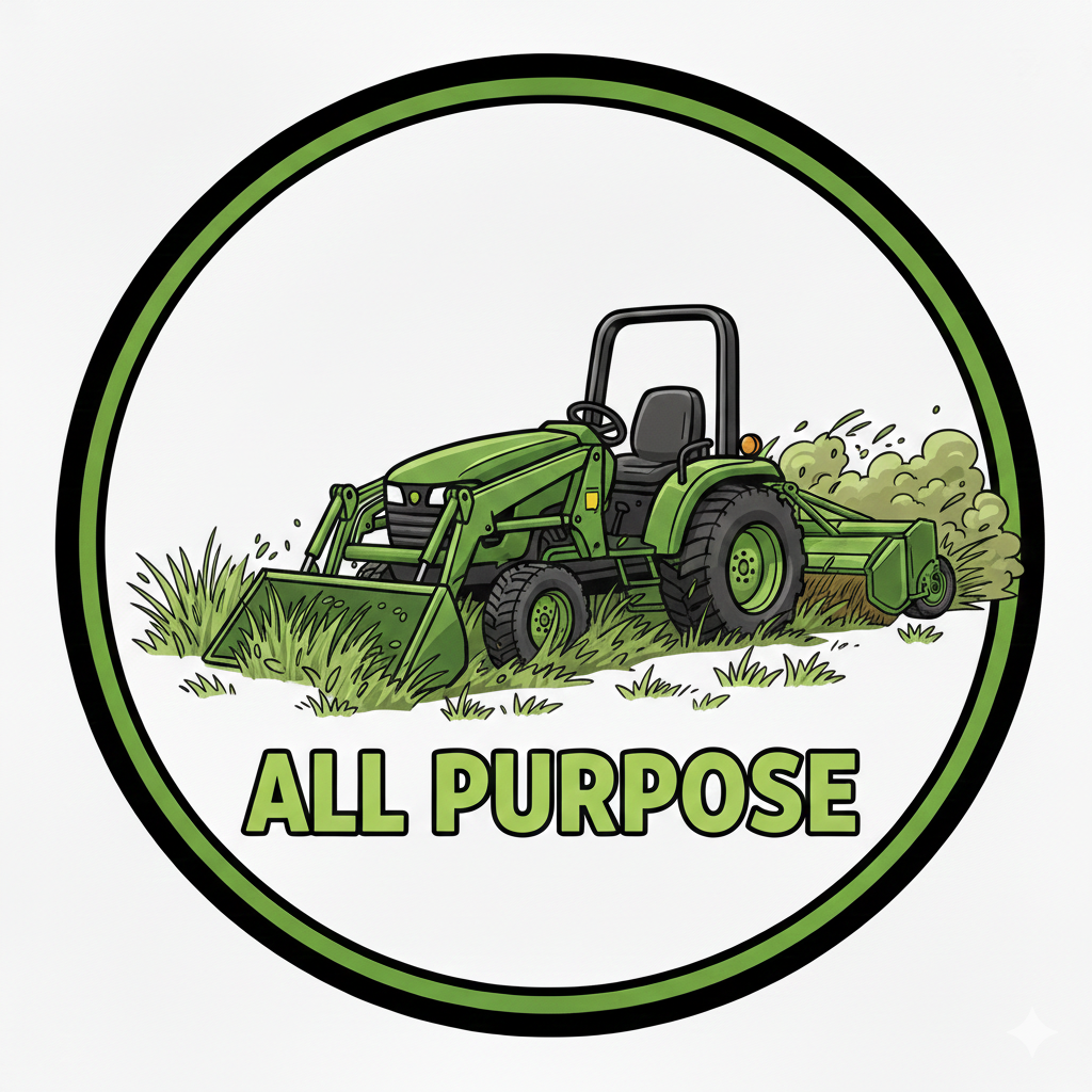 A green all-purpose tractor is plowing a field, with the words 'ALL PURPOSE' written below in green text.