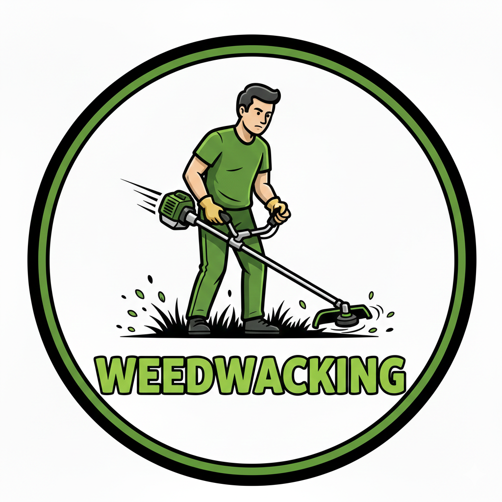 Illustration of a man weedwacking grass, wearing green clothing, holding a weedwacker, with the word 'weedwacking' beneath him.