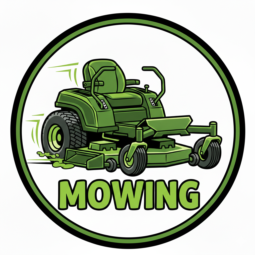 Green riding mower cutting grass with the word 'MOWING' below it in green letters, within a circular badge.