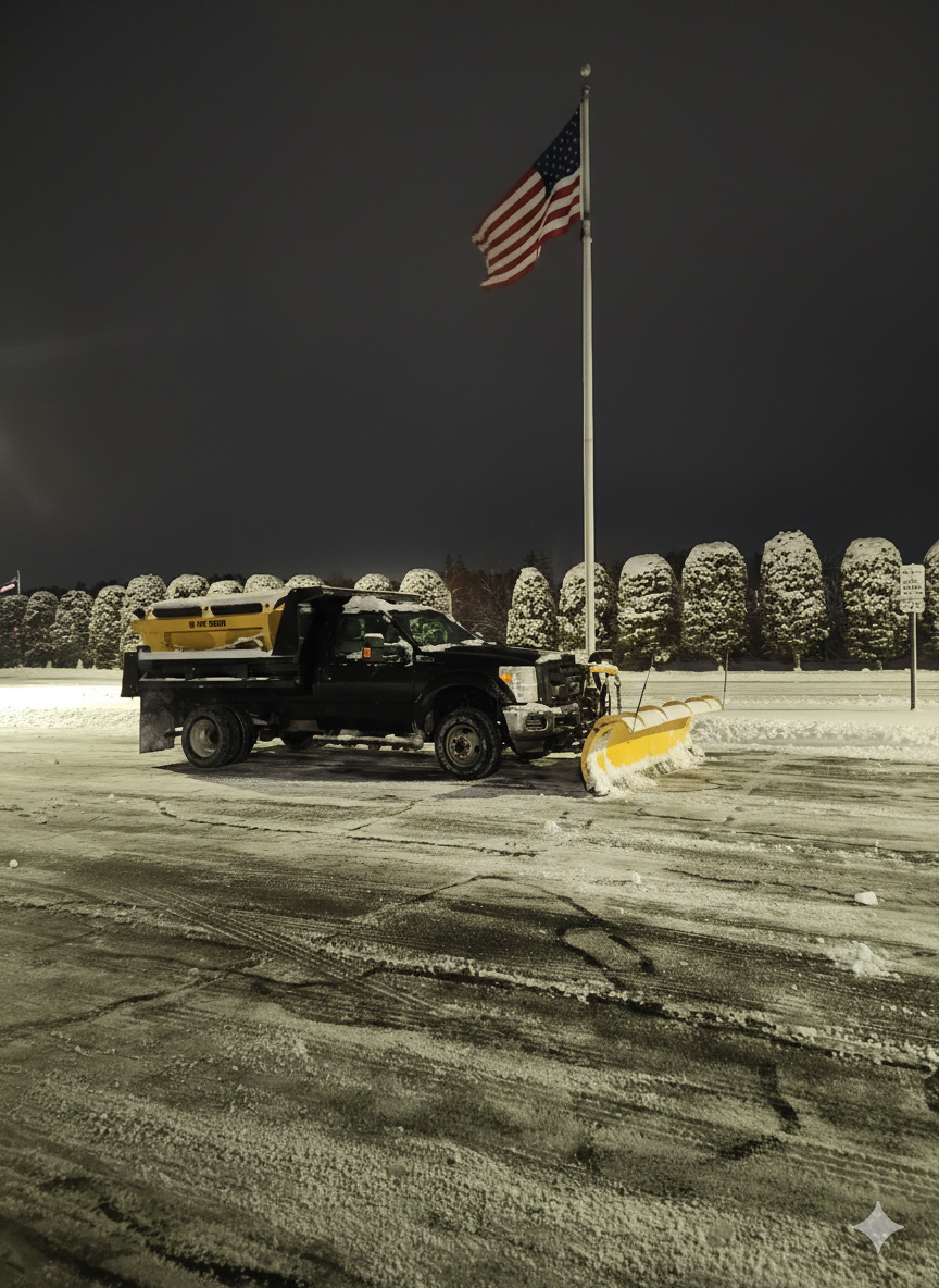 A snow-covered parking lot at night with a dump truck equipped with a yellow snow plow and salt spreader. An American flag flies on a tall flagpole, and a row of snow-covered trees is visible in the background.