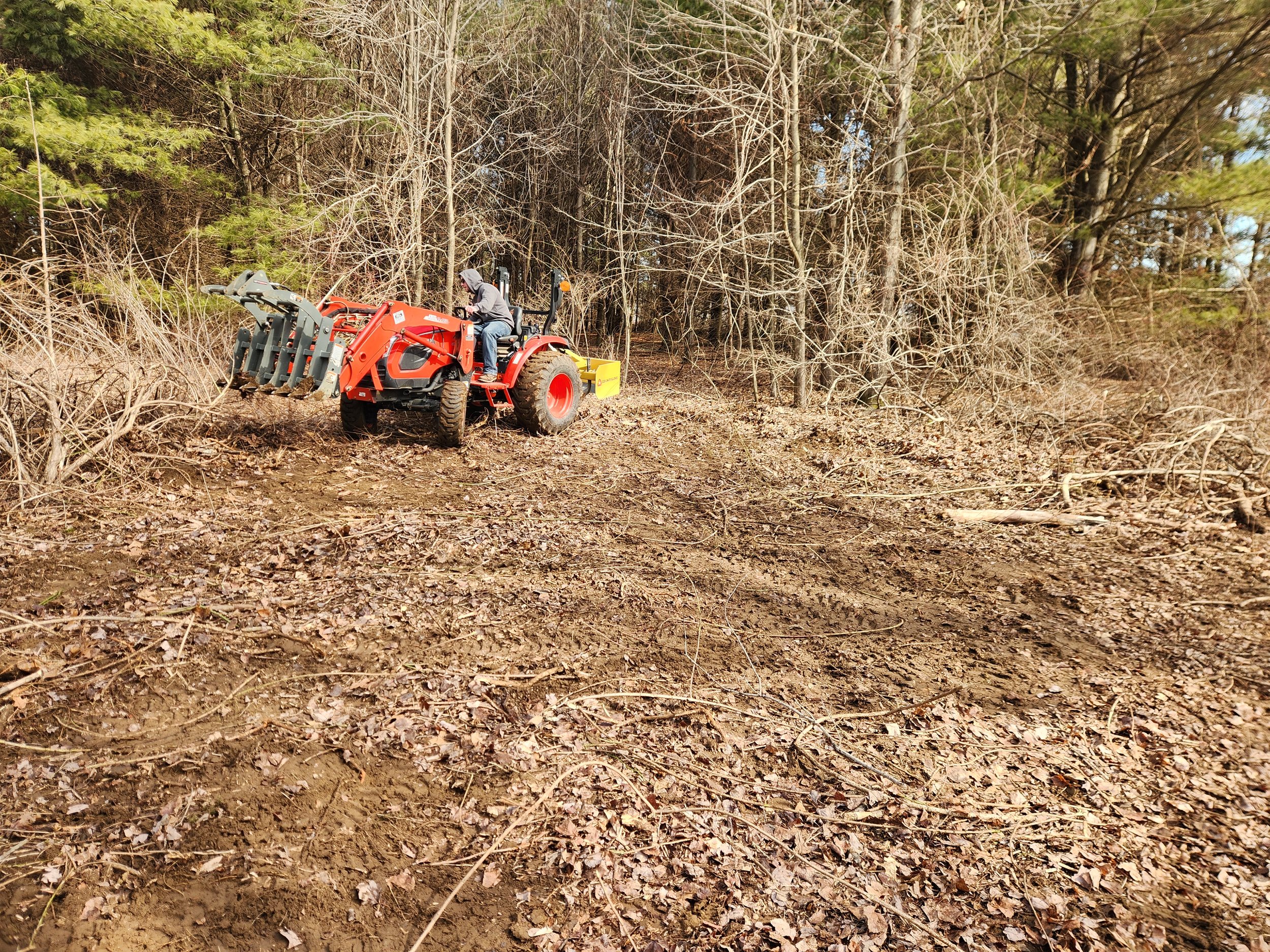 A person operating a orange compact utility tractor with a front loader in a wooded area with a trail and bare trees.