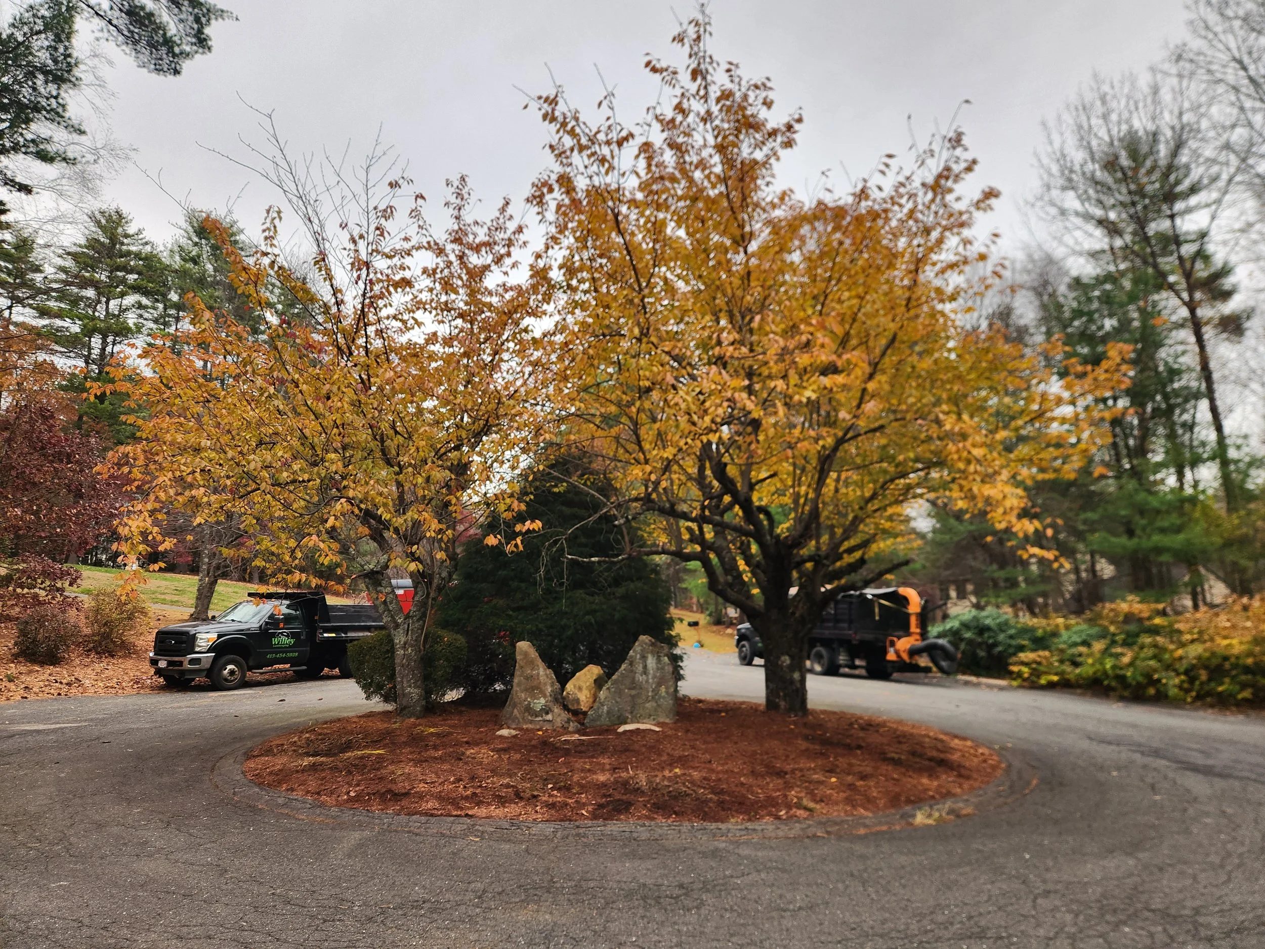 A roundabout with trees displaying fall foliage, surrounded by a paved traffic circle. Two trucks are parked nearby, one black and one orange, in a suburban area with trees in the background.