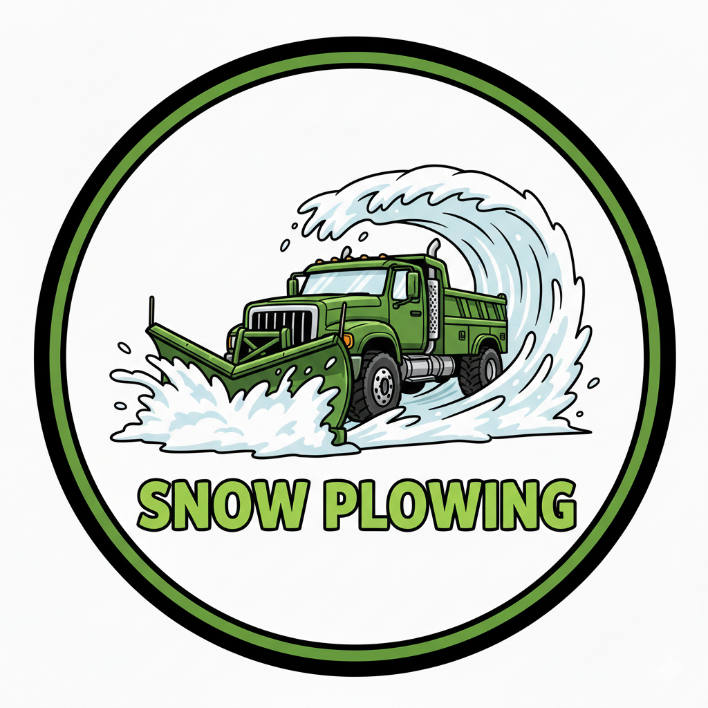 Illustration of a green snow plow truck plowing snow with a large snow wave behind it, surrounded by a circular green border, with the words 'SNOW PLOWING' at the bottom.