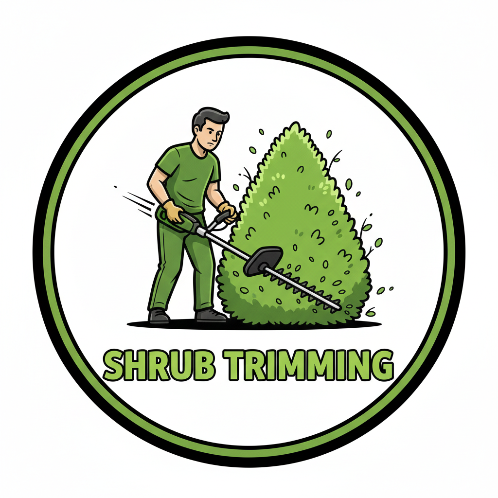 A person trimming a large bush with a hedge trimmer, with the words "SHRUB TRIMMING" underneath.