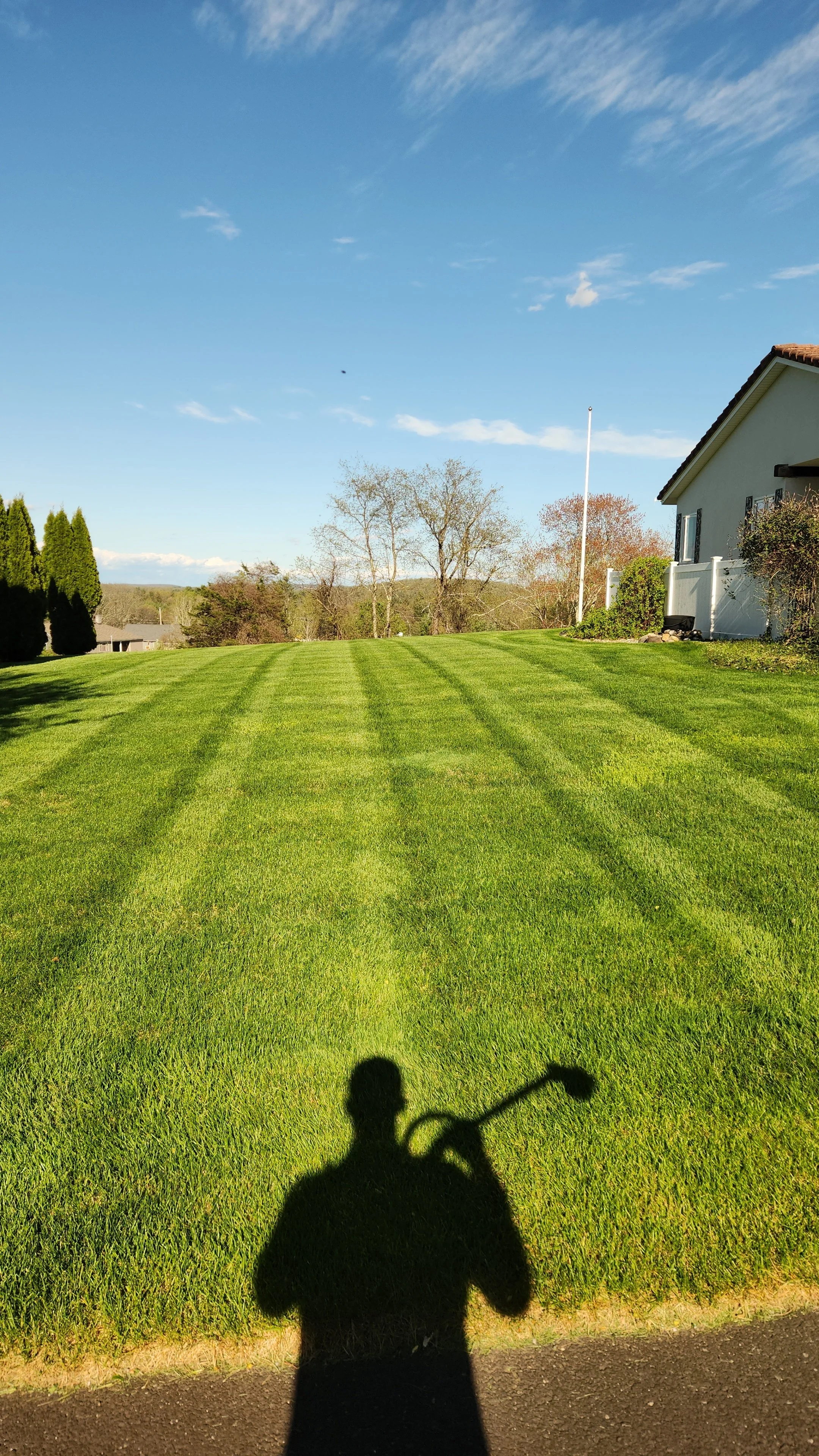 Shadow of a person holding a trumpet on a lush green lawn with a house, trees, blue sky, and clouds in the background.