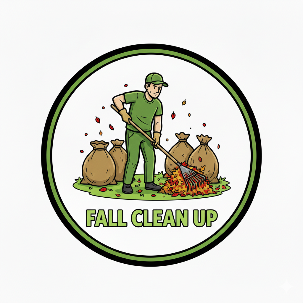 Illustration of a man raking fallen leaves into a pile, with several brown paper bags behind him, and the text "FALL CLEAN UP" below.