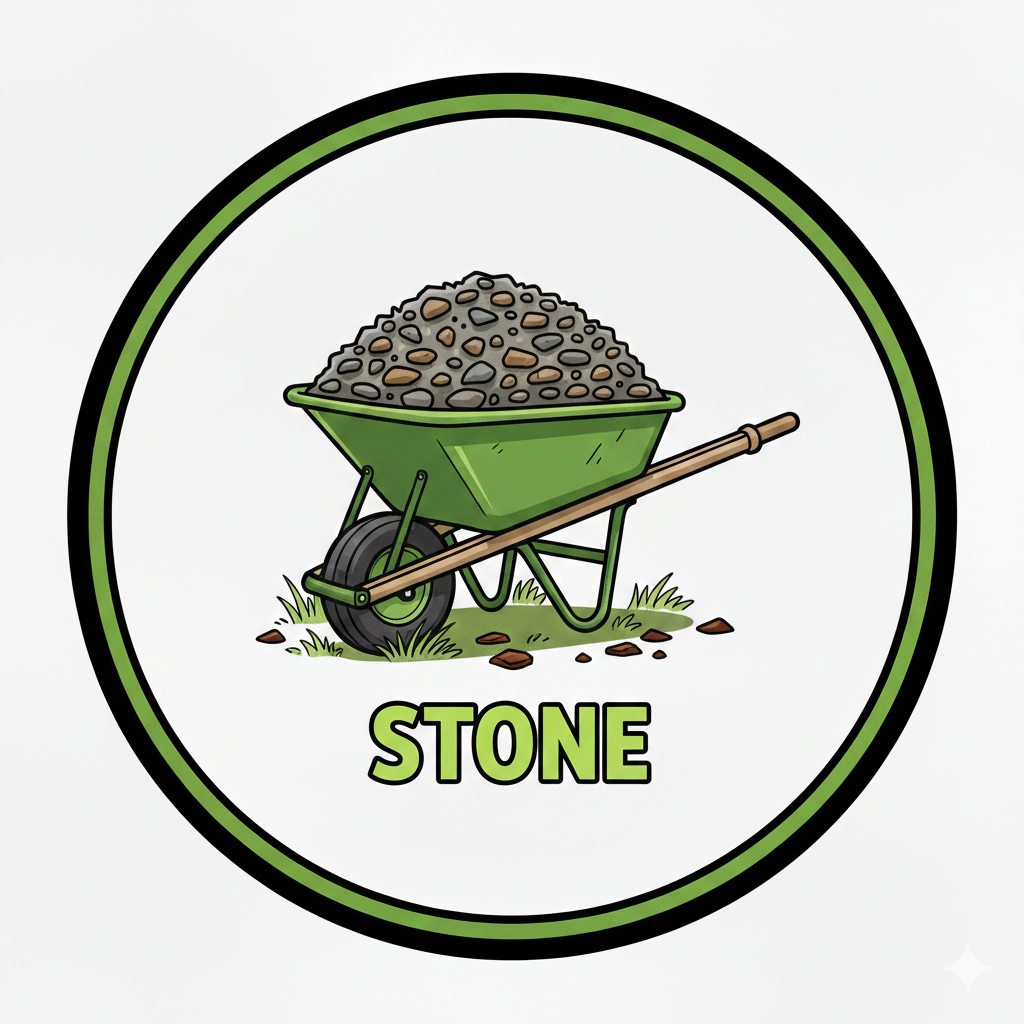 Illustration of a wheelbarrow filled with small stones, with some stones scattered on the ground. The word "STONE" is written below in bold green letters, all within a circular border.