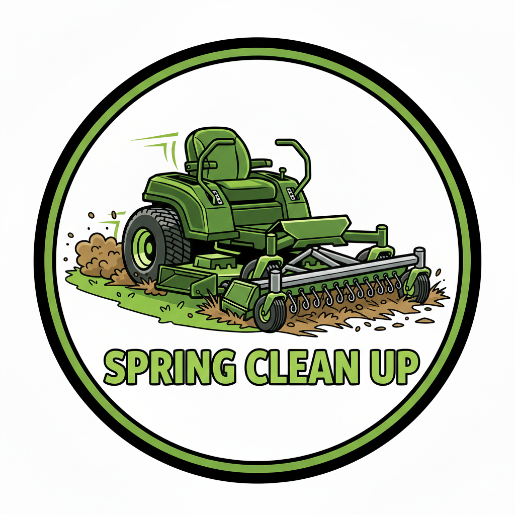 Green lawn tractor blowing leaves with the text SPRING CLEAN UP.