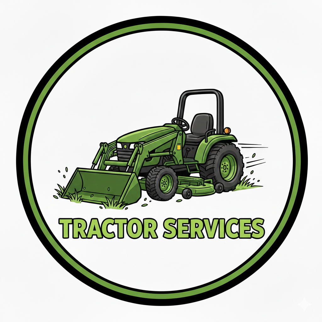 Logo for Tractor Services featuring a green tractor with a front loader in a circular design.