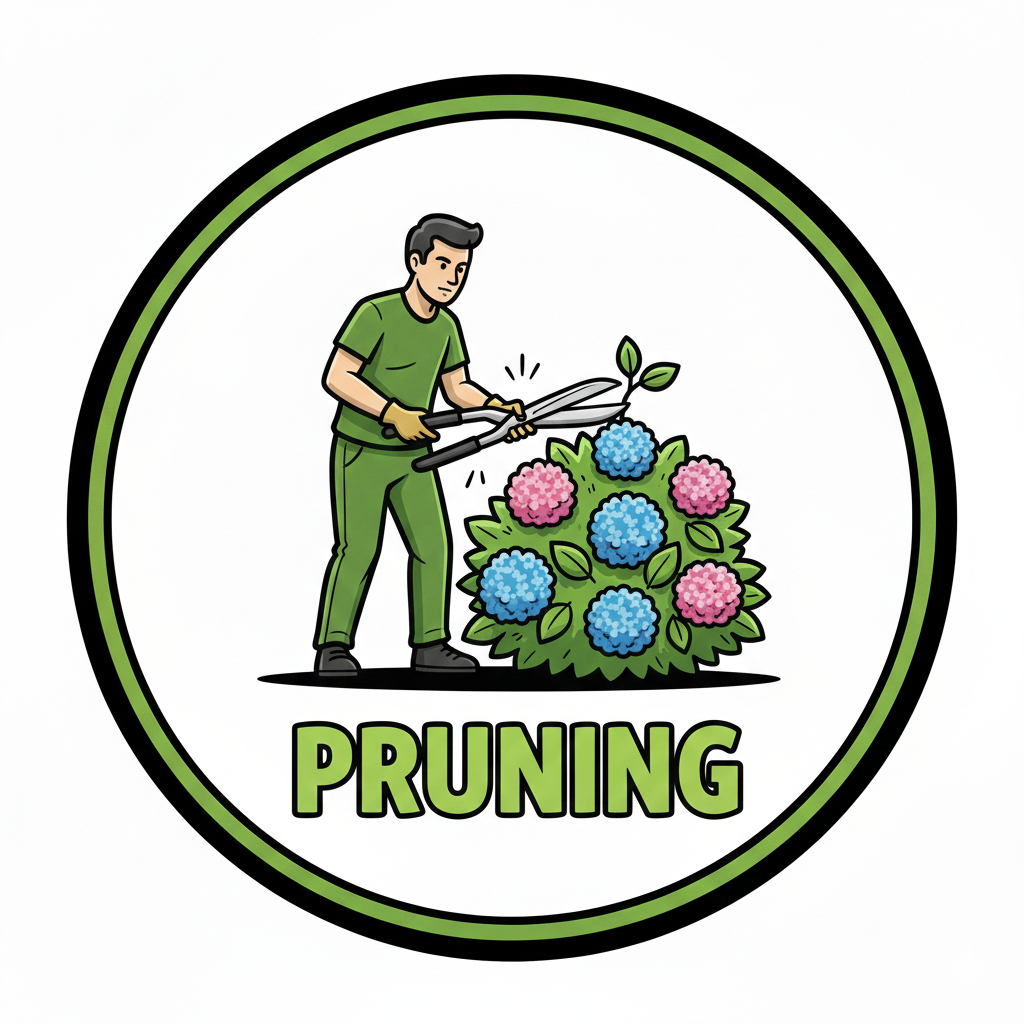 Illustration of a person pruning a bush of colorful hydrangeas with gardening shears, with the word "PRUNING" below.