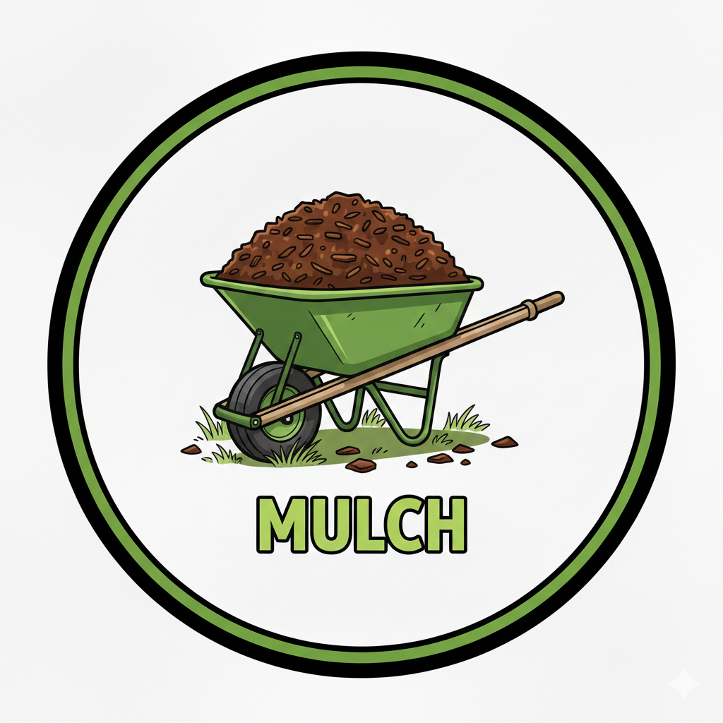 A wheelbarrow filled with mulch on grass, with the word 'Mulch' in green letters below.