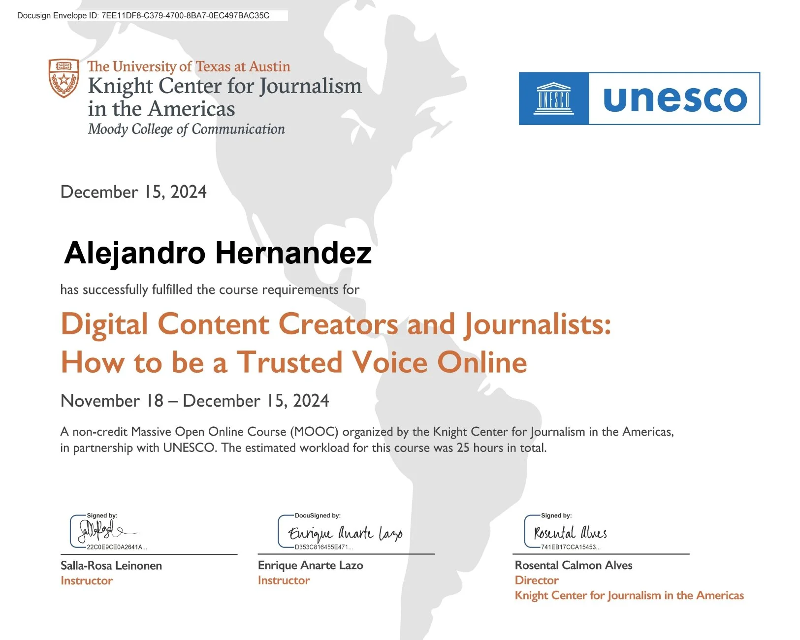 Course completion certificate for Alejandro Hernandez from the University of Texas at Austin, Knight Center for Journalism in the Americas, indicating successful course in Digital Content Creators and Journalists from November 18 to December 15, 2024, with signatures from instructors and director.