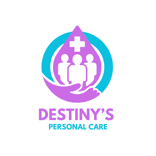 Logo for Destiny's Personal Care featuring three human figures inside a water droplet supported by a hand, with a medical cross at the top, and the text "DESTINY'S PERSONAL CARE" below.