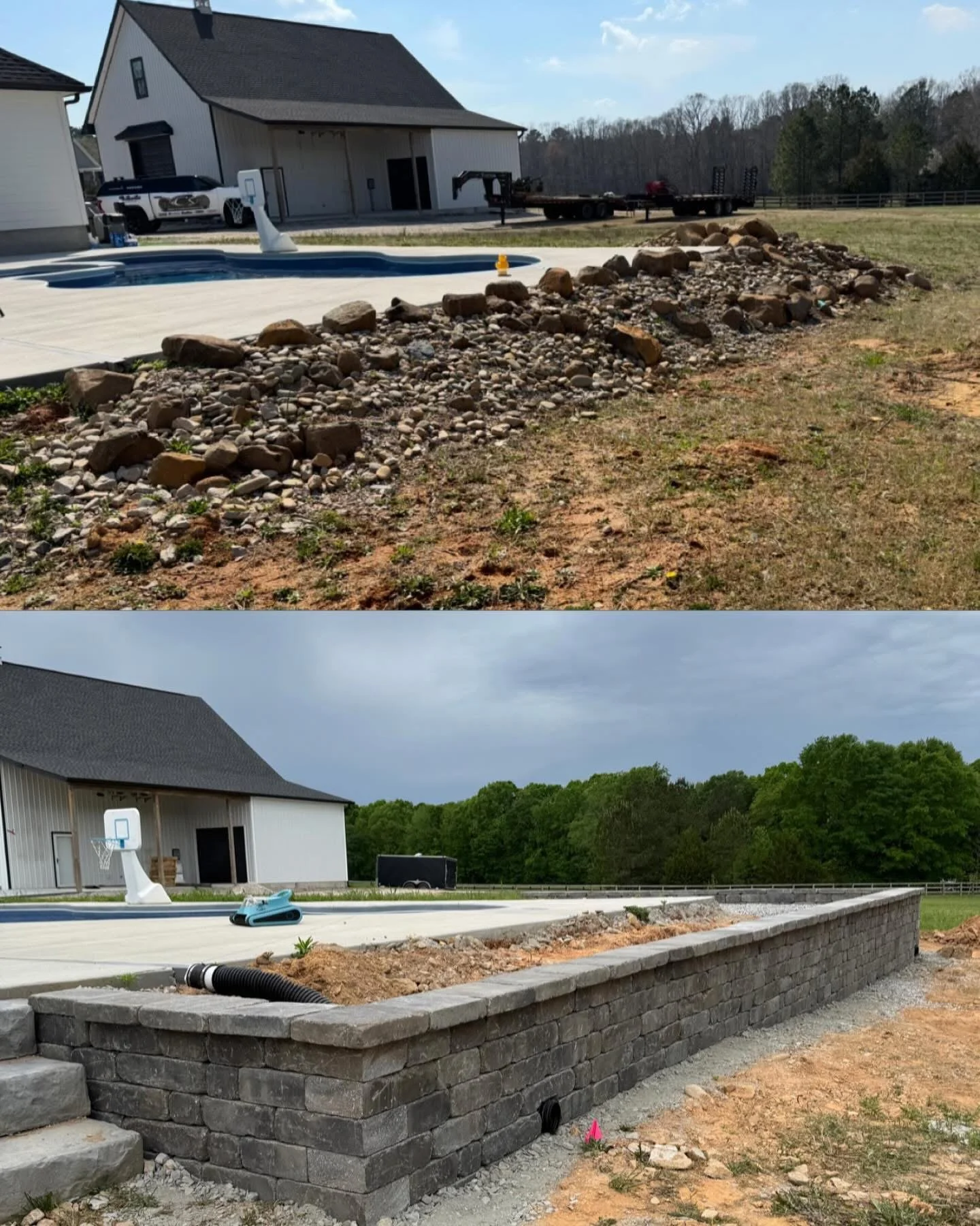 Before and after photos of a stone retaining wall 