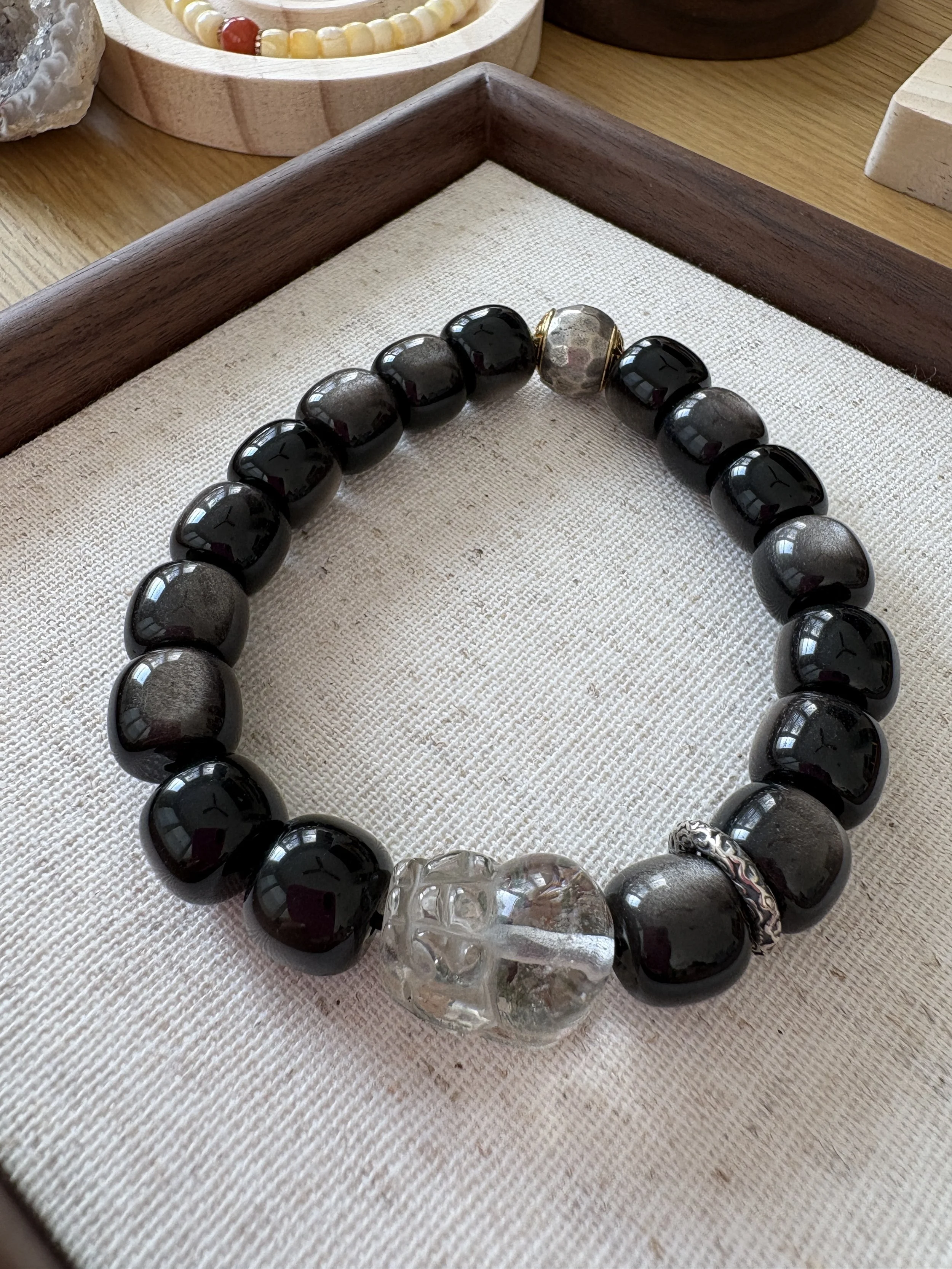 Silver Cat's Eye Black Obsidian Bracelet