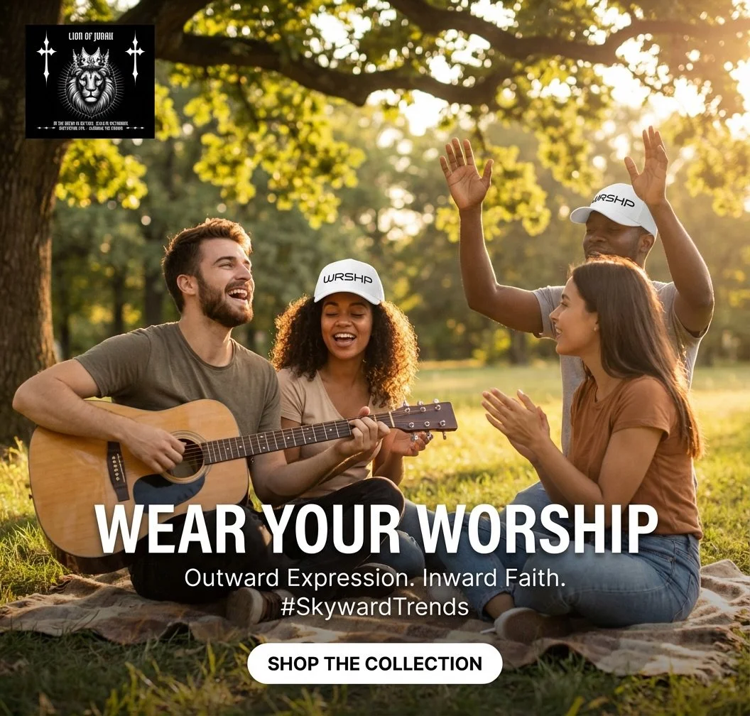Four diverse young adults outdoors under trees, wearing hats with 'WORSHIP' branding, laughing and clapping, with one playing guitar during sunset, promoting worship fashion collection.