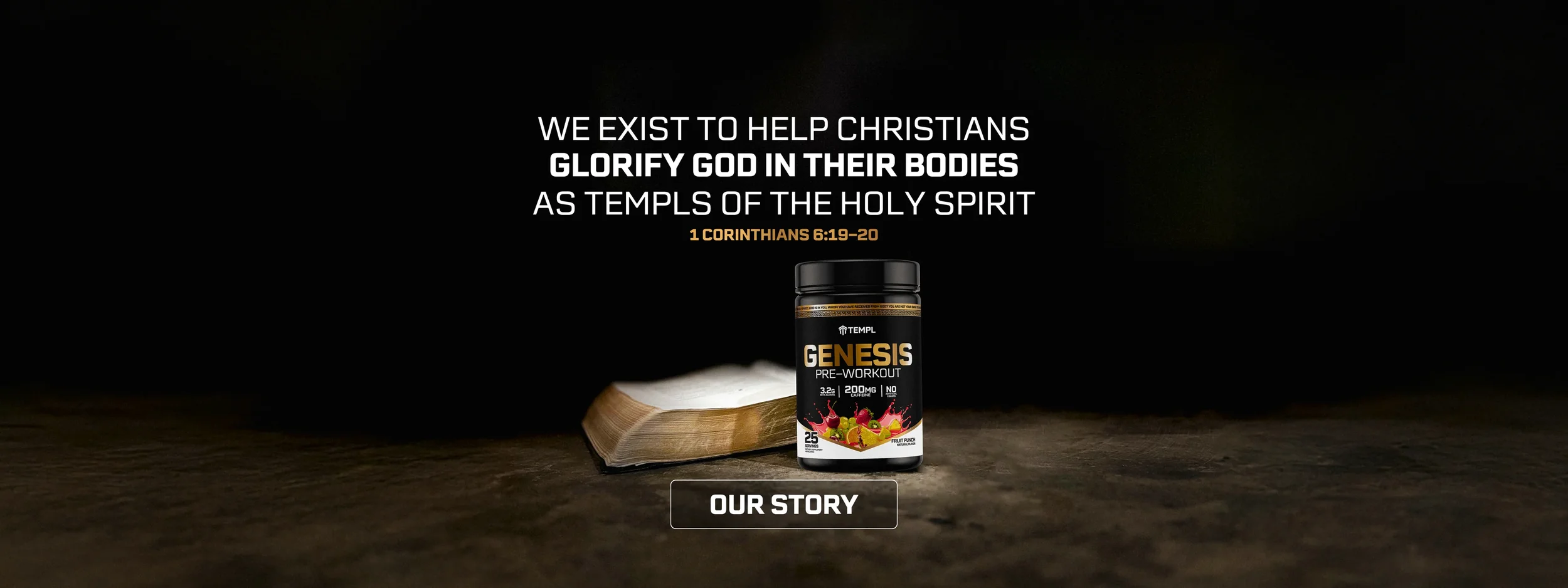 Advertisement featuring a bottle of Genesis pre-workout supplement on a wooden surface, with a dark background and a Bible resting behind the bottle. The text promotes helping Christians glorify God in their bodies as temples of the Holy Spirit, citing 1 Corinthians 6:19-20.