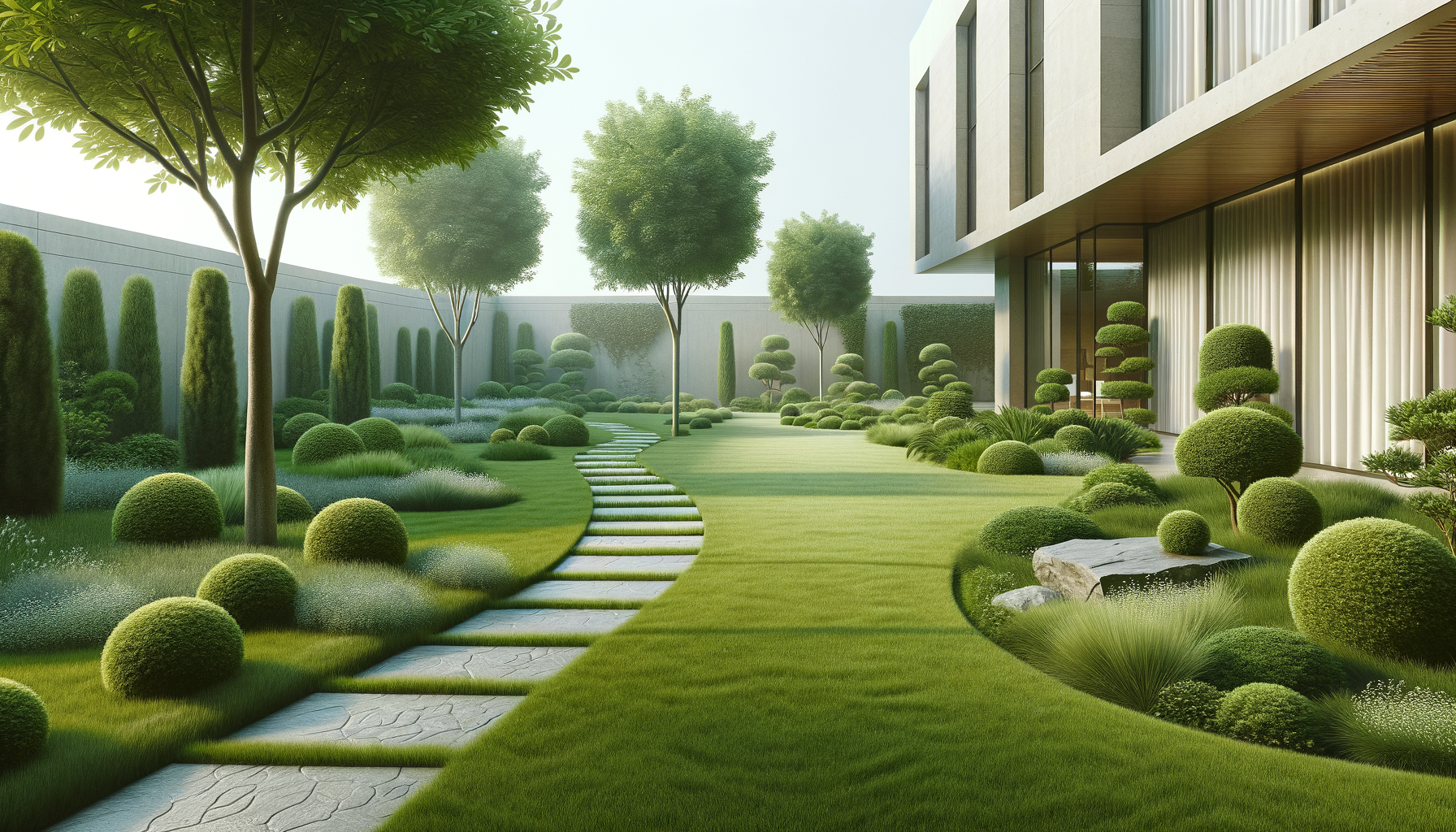 Modern landscaped backyard with a curving stone pathway, neatly trimmed bushes and trees, and a large glass house with curtains.