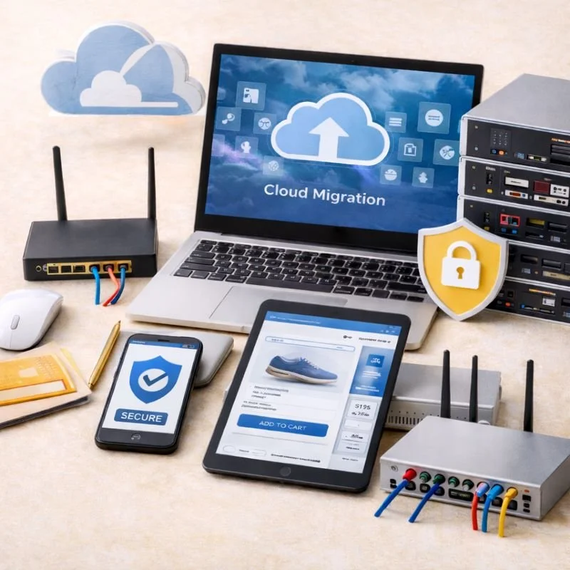 Laptop screen displays 'Cloud Migration' with cloud icons; tablet shows a shopping page for sneakers; smartphone displays a secure shield icon; various routers and network devices are arranged on a desk, with a cloud graphic in the background.