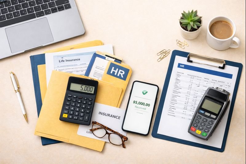 Desk with laptop, calculator, documents labeled 'Life Insurance' and 'HR', a smartphone showing a $5,000 refund, a cup of coffee, a small potted plant, glasses, gold paper clips, and a payment terminal.