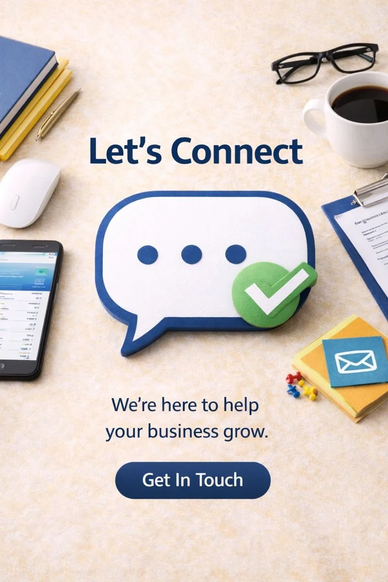 A workspace with notebooks, a pen, glasses, a cup of coffee, a smartphone, a mouse, a clipboard, and mail-themed sticky notes, centered around a speech bubble graphic with a green checkmark and the text "Let's Connect" and a button labeled "Get In Touch."