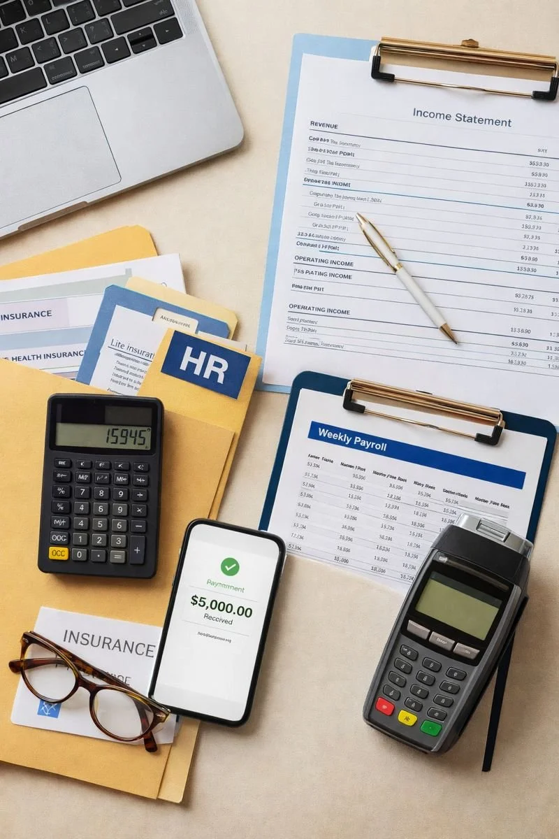 Office desk with finance documents, calculator, smartphone showing a $5,000 payment received message, credit card terminal, eyeglasses, laptop, and files labeled HR, insurance, and weekly payroll.