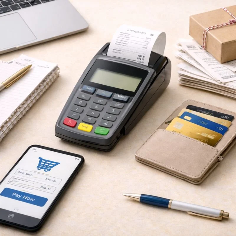 A workspace with a point-of-sale terminal printing a receipt, a smartphone displaying an online shopping cart, a notebook with a pen, a wallet with credit cards, a wrapped gift box, and papers on a beige desk.