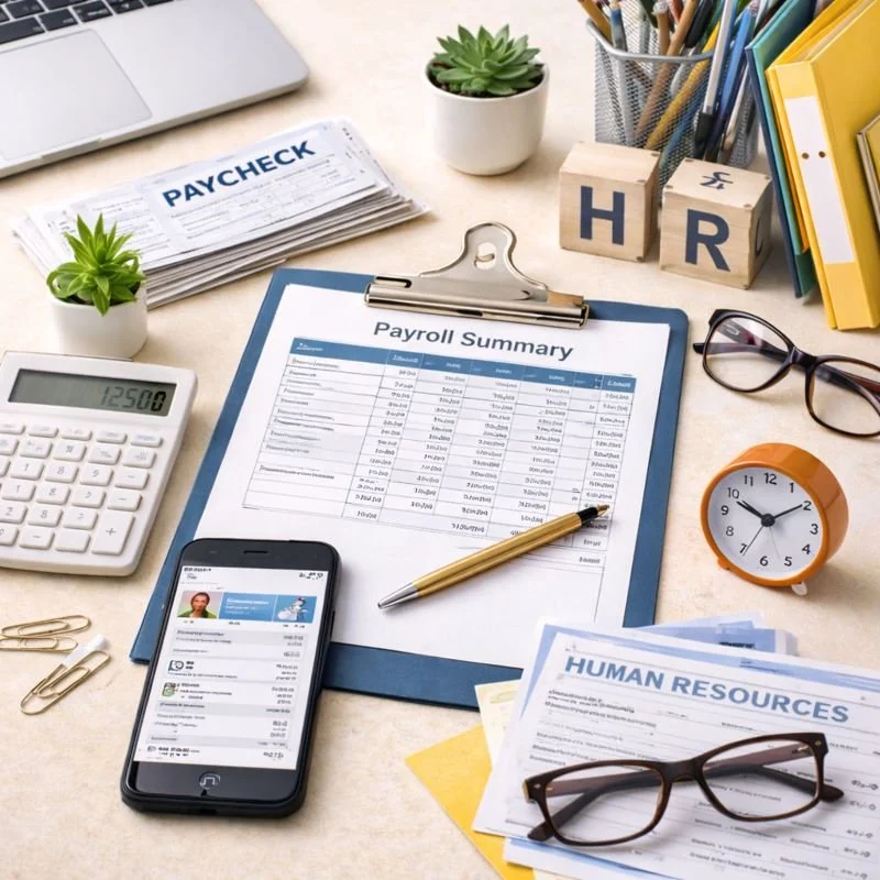 An organized office desk with a paycheck and payroll summary on a clipboard, calculator, smartphone displaying a messaging app, sunglasses, a clock, a pair of glasses, and various office supplies including files, a plant, and wooden blocks with 'H' and 'R' written on them.