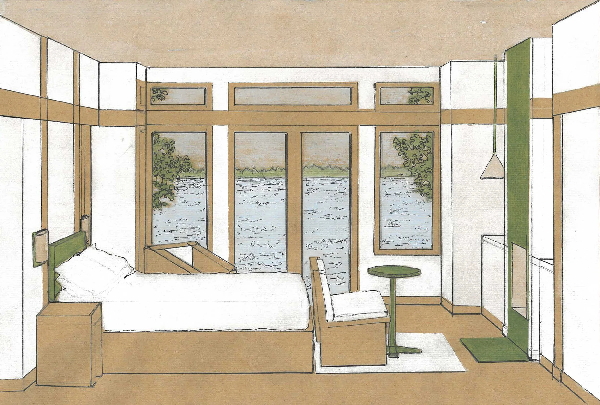 Architectural illustration of an Inn at Langley guest room layout