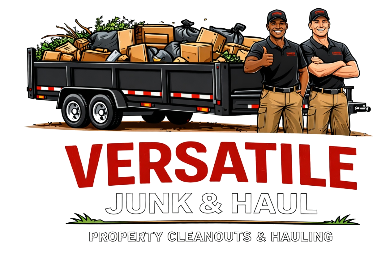 Two men standing next to a black trailer filled with junk and debris, giving a thumbs-up and smiling, branding for VERSATILE Junk & Haul, a property cleanouts and hauling service.