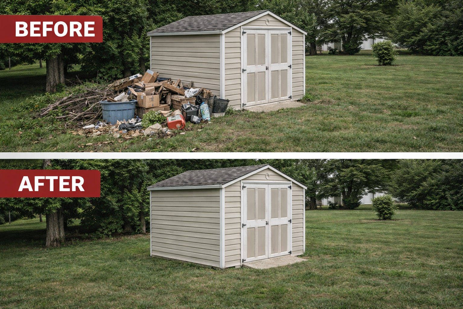 Comparison of a cluttered backyard shed with a clean, organized shed after clean-up, showing the area before and after cleaning.