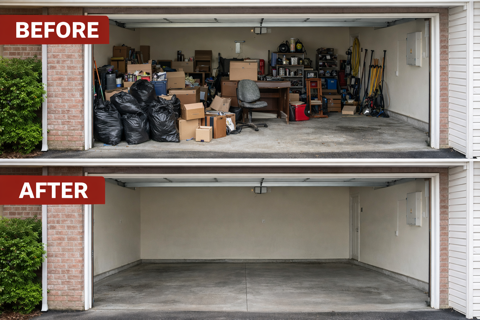 Comparison of a garage before and after cleaning and organization. The 'before' upper image shows clutter, boxes, bags, and tools, while the 'after' lower image shows an empty, clean, and organized garage.