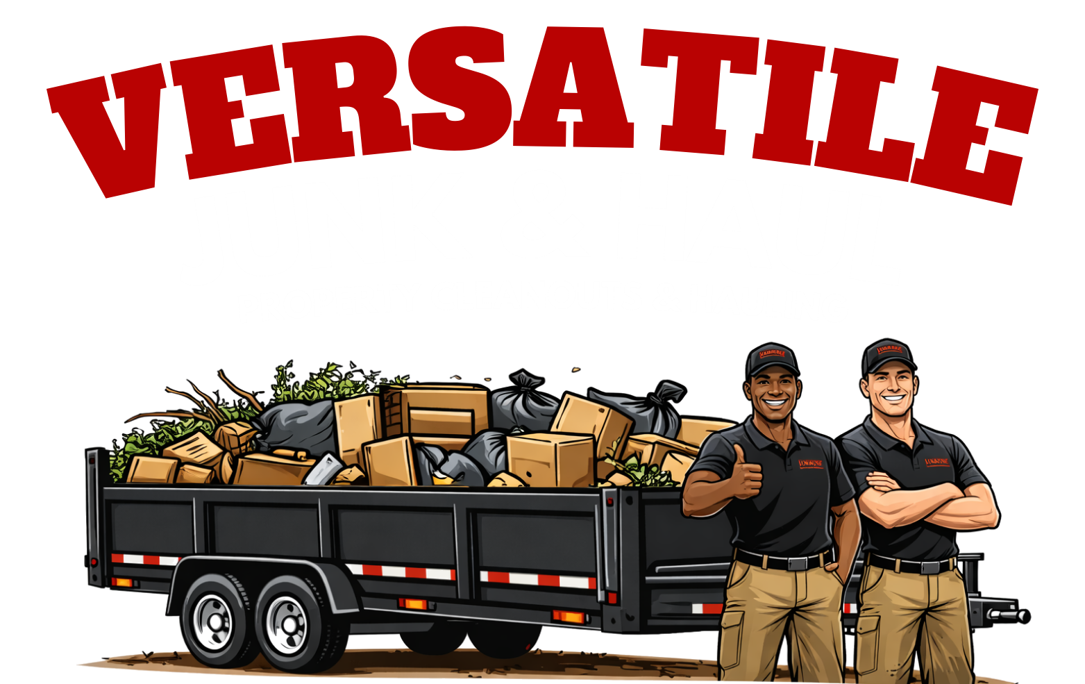 Two smiling men in black uniforms and caps standing in front of a black trailer filled with trash bags and cardboard boxes, with a large logo reading 'VIRUSAFE' in the background.