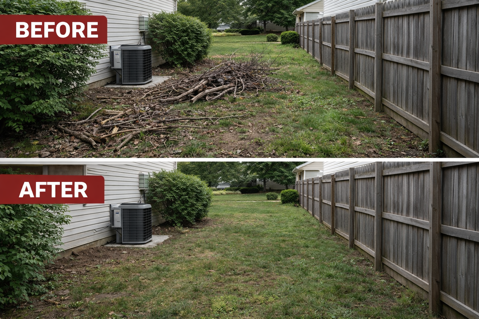 Comparison of backyard, cluttered with branches and debris in the 'before' image and clean and tidy in the 'after' image, with a wooden fence lining the right side.