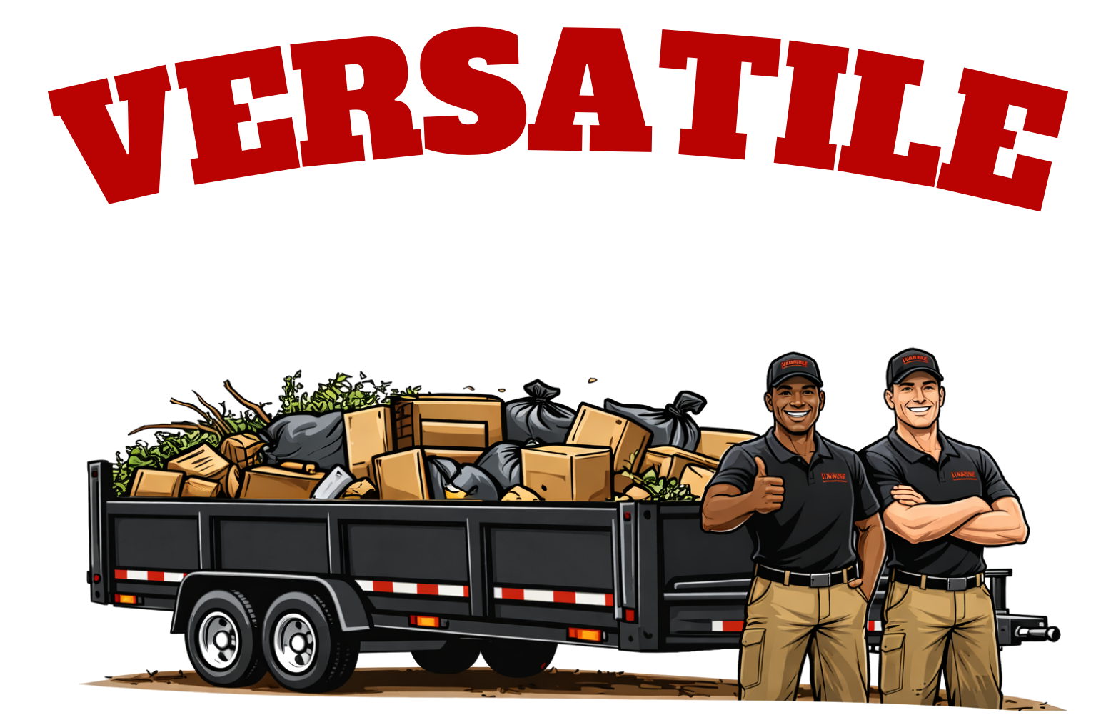 Logo for Versatile Junk & Haul featuring a trailer filled with cardboard boxes and garbage bags, with two smiling workers giving thumbs-up, all against a black background.