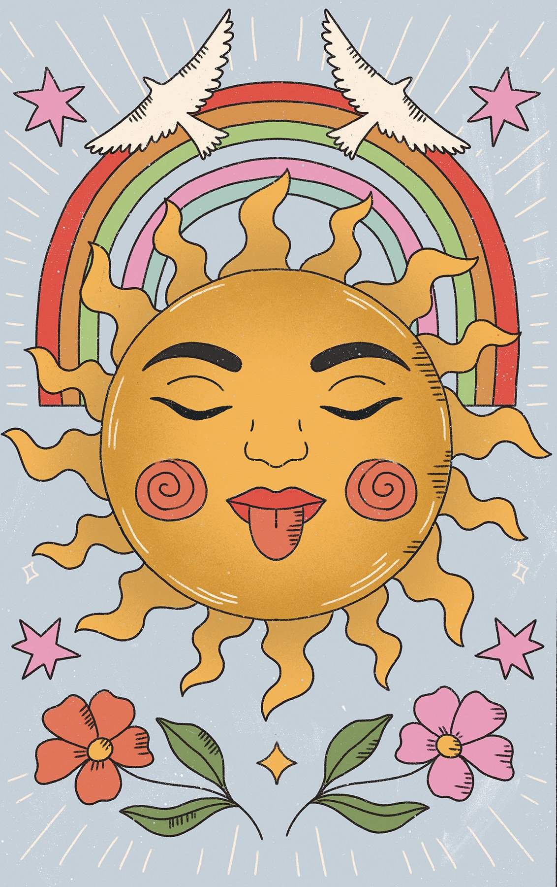 A colorful cartoon illustration of a smiling sun with a face, sticking out its tongue. The sun is surrounded by rainbow arcs, pink stars, white doves, and flowers, with a bright, cheerful background.