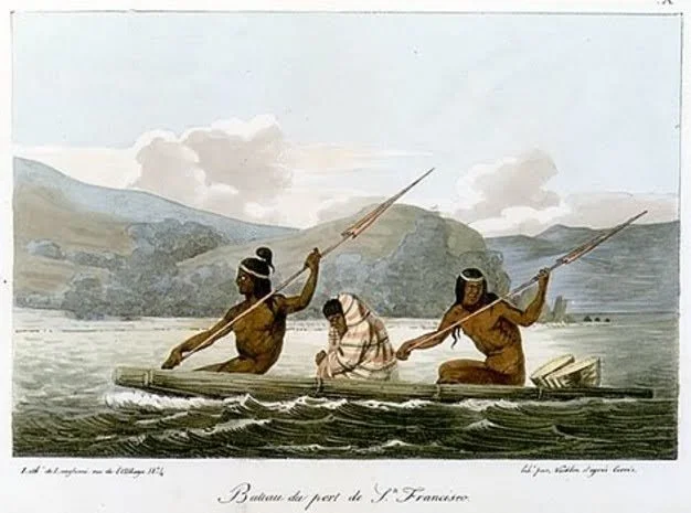 1816 Louis Choris lithograph of Ohlone men paddling a tule reed boat on San Francisco Bay