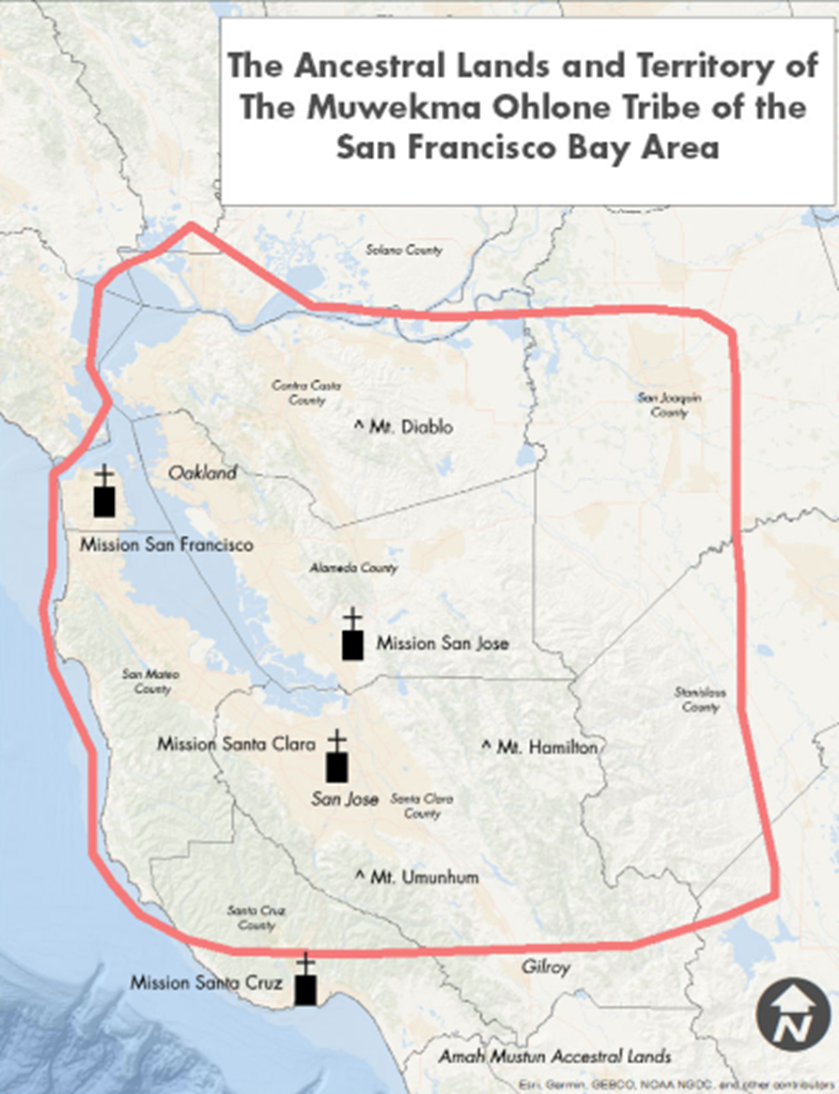 Map of the ancestral lands and territory of the Muwekma Ohlone Tribe of the San Francisco Bay Area, outlined in red around Mission San Francisco, Mission San José, Mission Santa Clara and Mission Santa Cruz