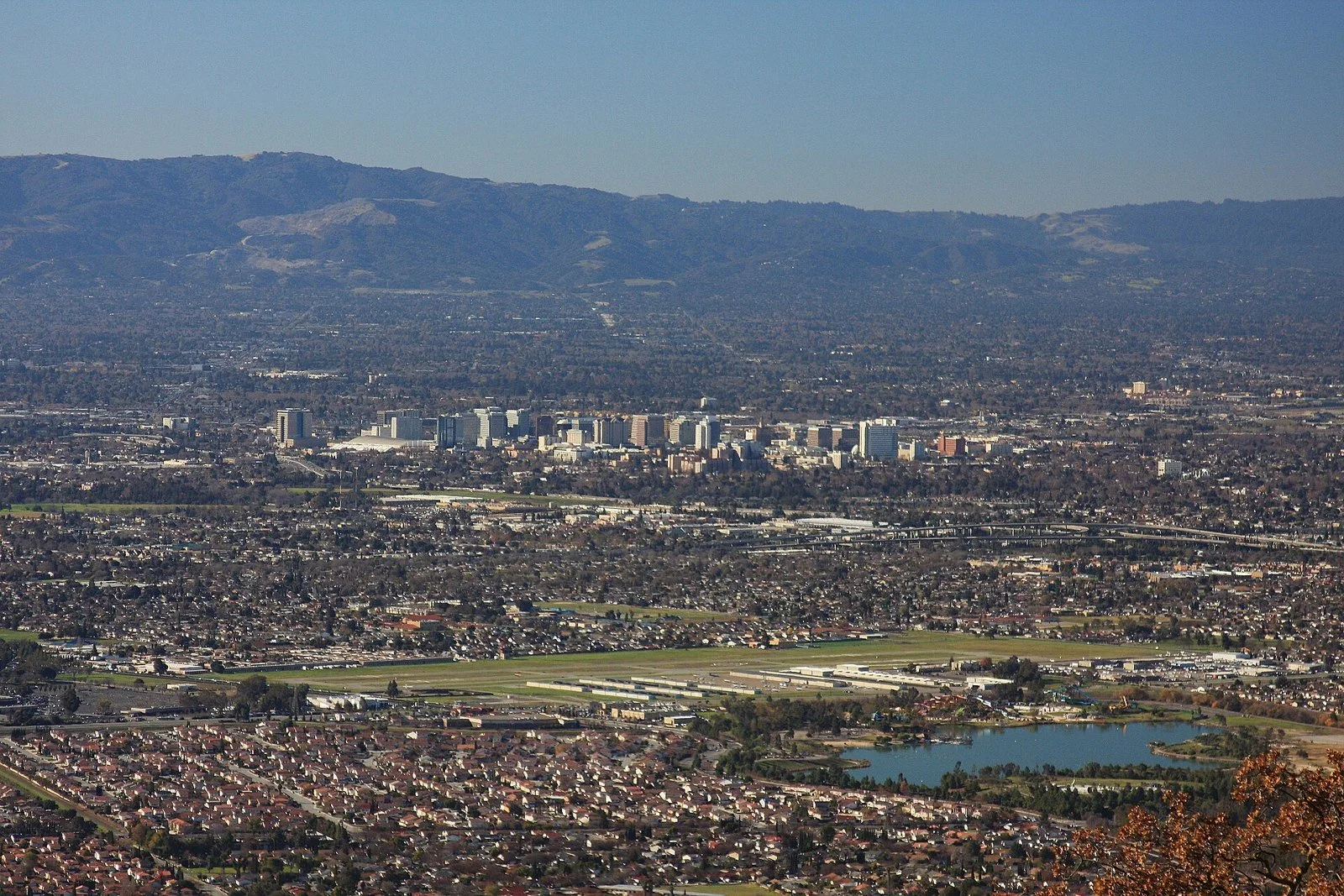 The San José skyline rises beyond a freeway interchange and palm trees under a bright blue sky with light clouds.