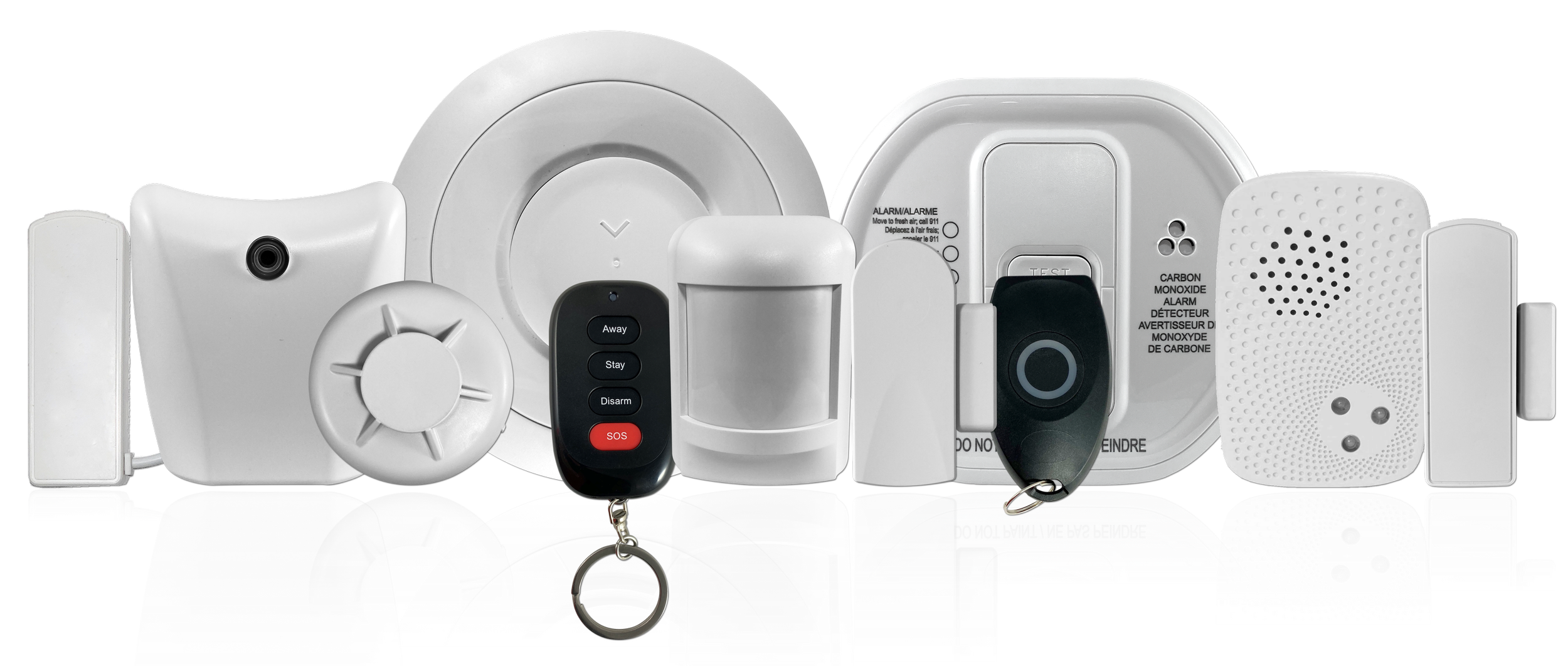 Collection of white security and safety devices including a motion detector, remote control, smoke detector, and alarm components against a black background.