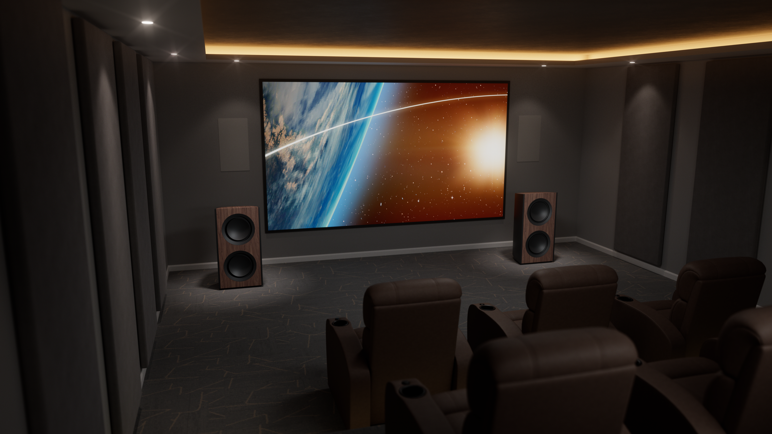 A home theater room with a large screen displaying space imagery, two wooden speakers, and plush theater seats in front.