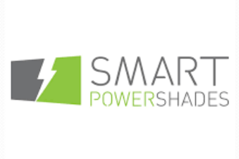 Logo for Smart Power Shades with a stylized gray and green window icon and the company name in gray and green text.