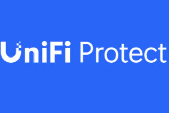 Logo for UniFi Protect with a blue background and white text.