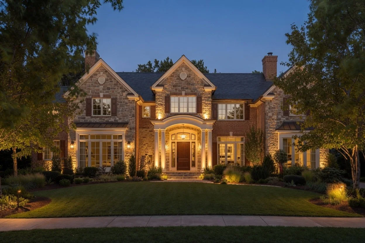 A large, two-story house with stone and brick exterior, illuminated with exterior lighting during twilight, with a well-manicured lawn and trees in the front yard.